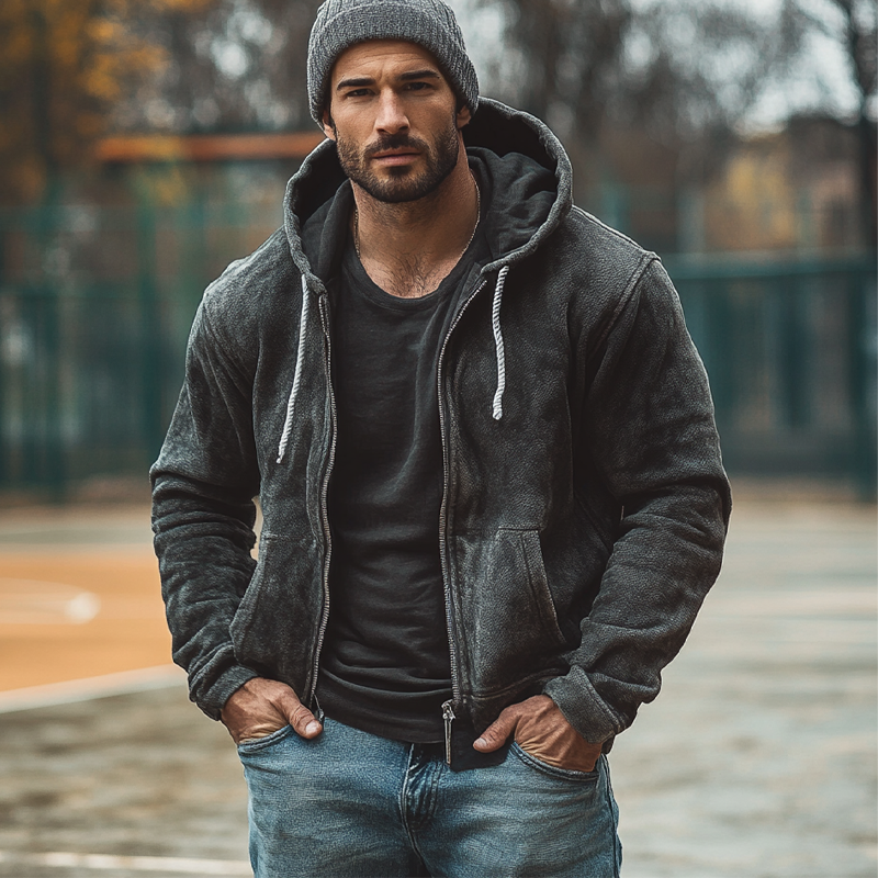 Men's Polar Fleece Vintage Zip-Up Hoodie Jacket MTA1396J1X