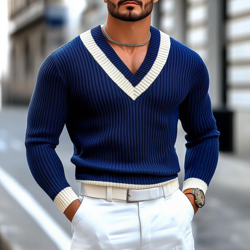 Men's Vintage Contrast V Neck Slim Fit Knit Long Sleeve Pullover Sweater MTA2709H9M