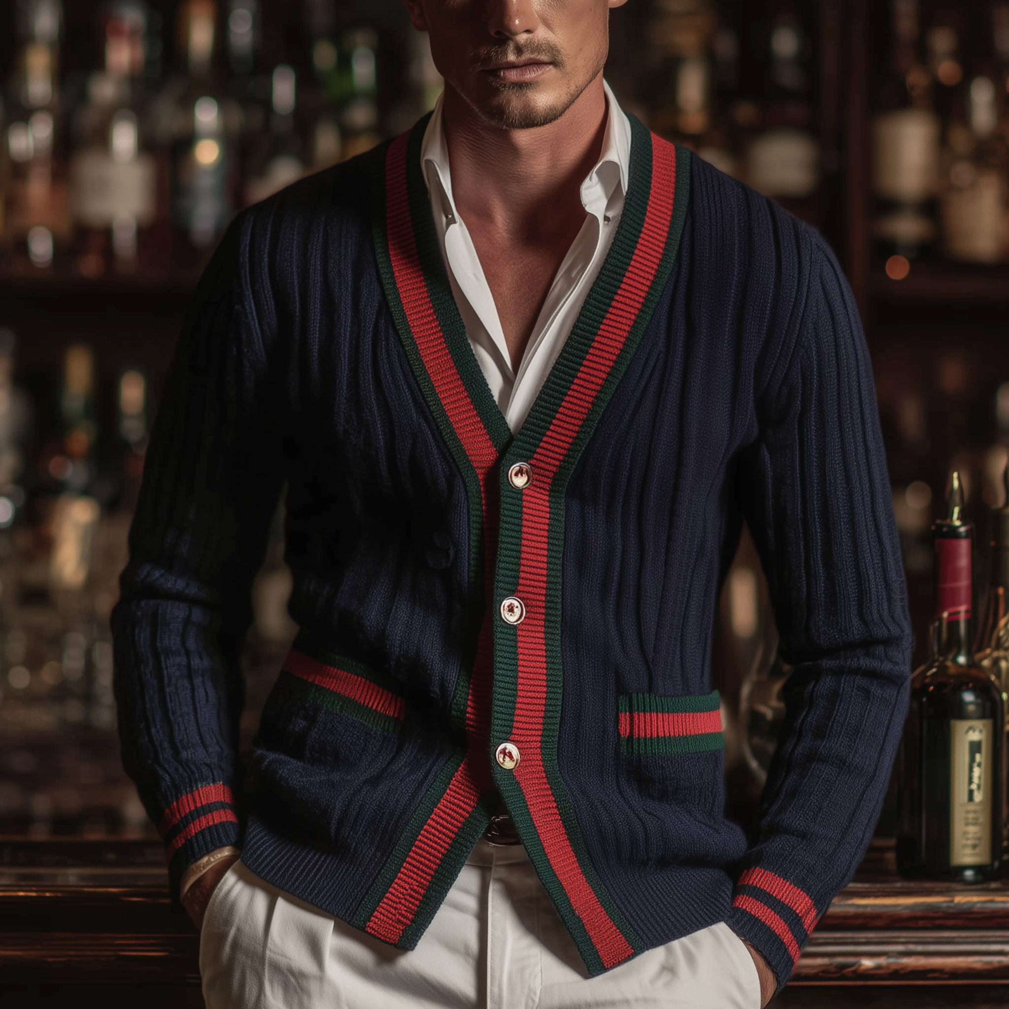 Men's Classic Casual Contrast Color Patchwork Pockets Slim Fit Knitted Cardigan MTA2954I8K
