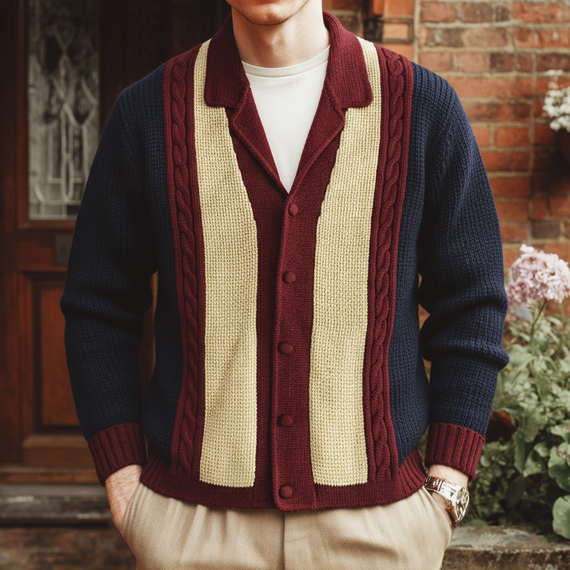 Men's Classic Lapel Colorblock Button Knit Cardigan MTA3043I1U