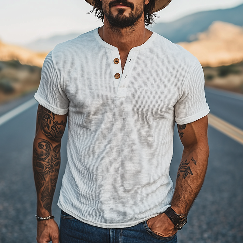 Men's Summer Fashion Casual American Western Tough Henley Collar Waffle Short-sleeved T-shirt MTA2441E1K