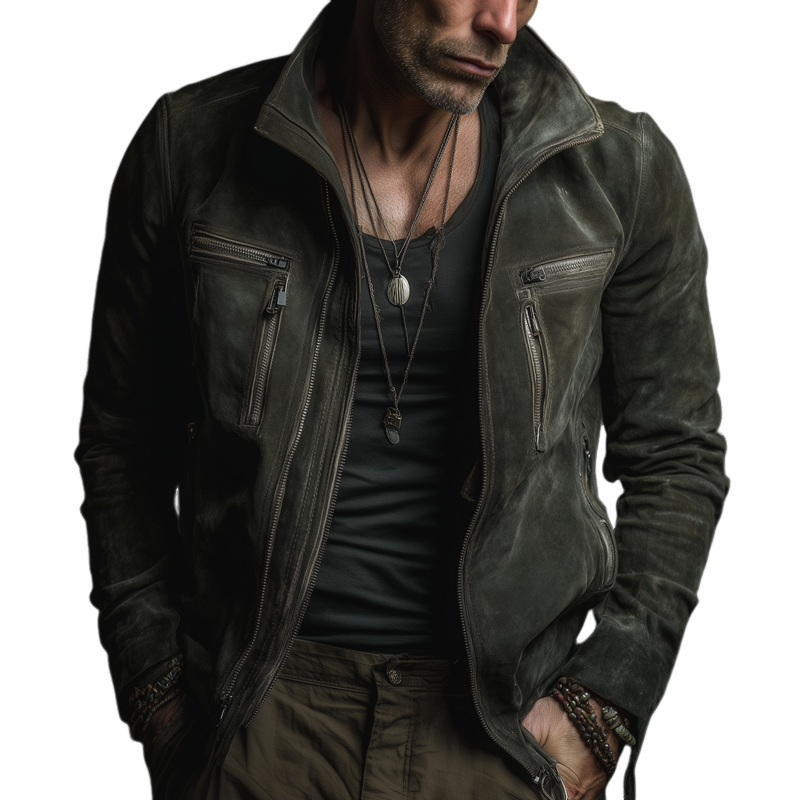 Men's Vintage Motorcycle Zip-Up Faux Suede Jacket MTA1512H7X