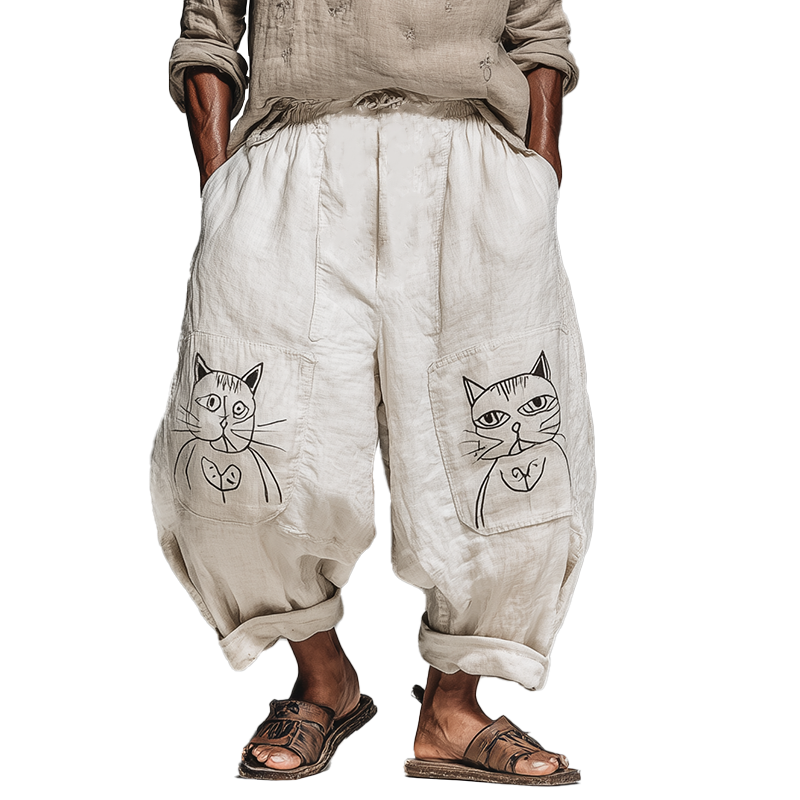 Men's Summer Fashion Cat Print Cotton And Linen Bloomers MTA2004F6P