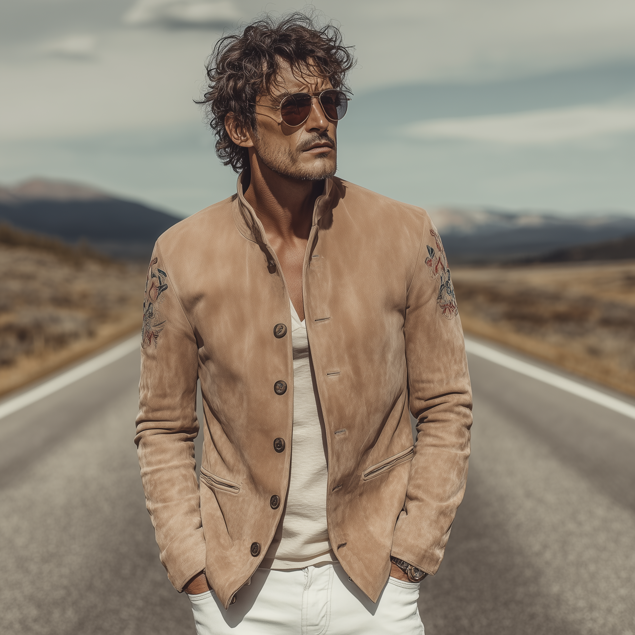 Men's Classic Retro Western Style Stand Collar Embroidered Suede Jacket MTA2127H9K