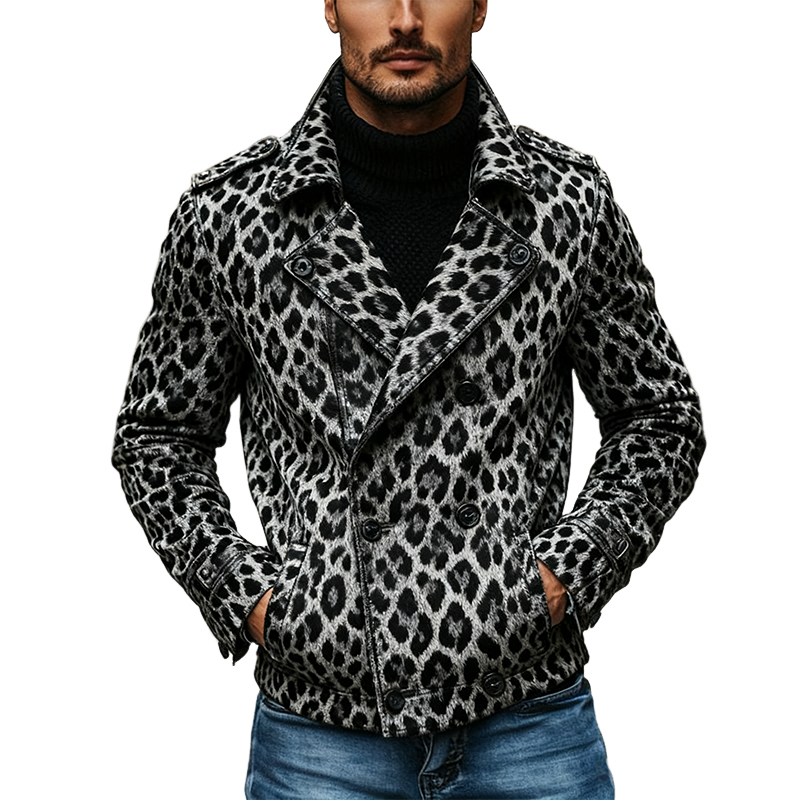 Men's Vintage Leopard Print Double Breasted Biker Jacket MTA1644J9X