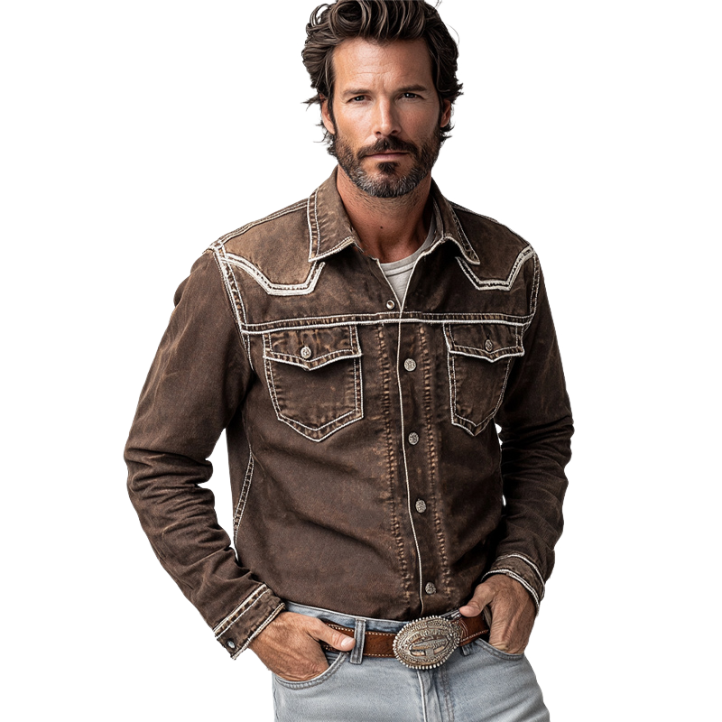 Men's Vintage Coffee Washed Denim Long-sleeved Shirt 48590320U