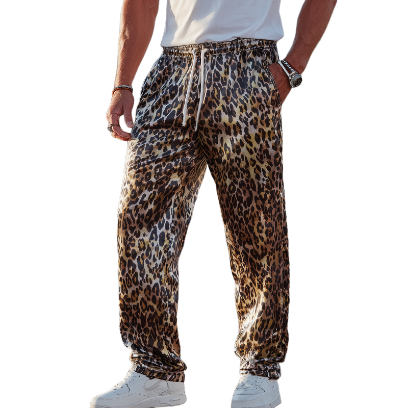 Men's Fashion Casual Leopard Print Satin Elastic Waist Loose Pants MTA1412G5K