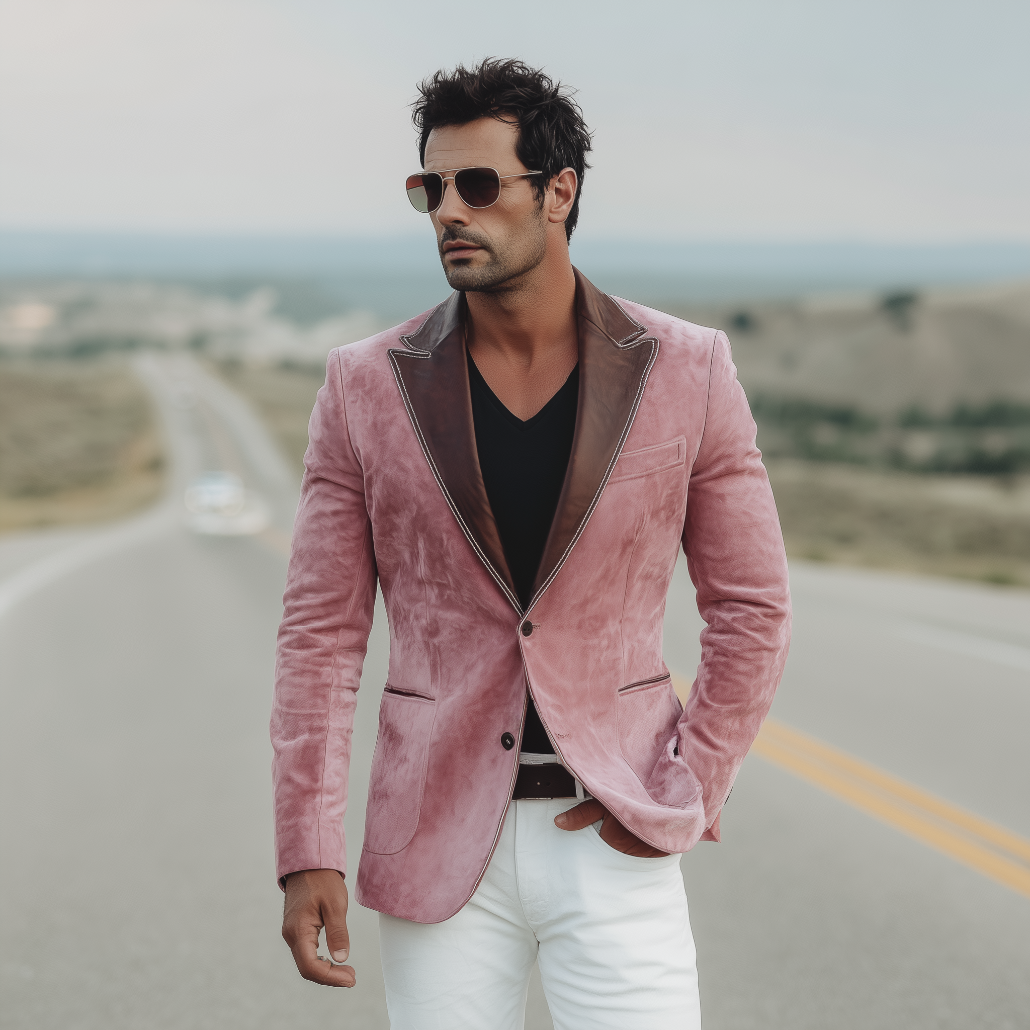 Men's Classic Retro Western Style Collar Stitching PU Leather Single-breasted Pink Suede Blazer MTA1911H0K