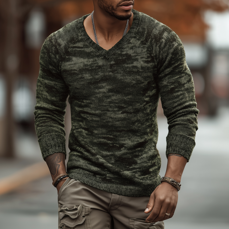 Men's Casual Outdoor Camouflage Jacquard V-neck Slim Fit Pullover Knitted Long-sleeved Sweater MTA0118H6M