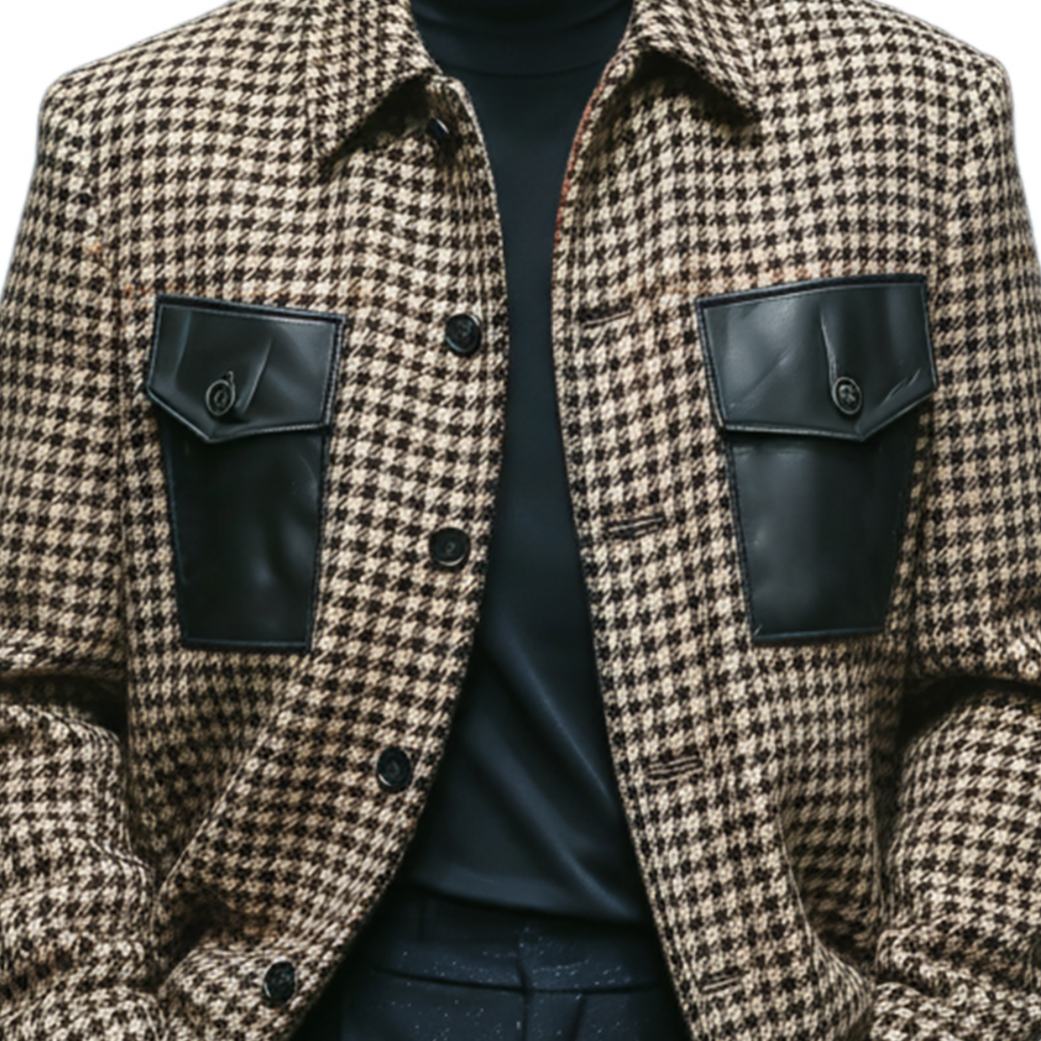Men's Classic Retro Pocket Stitching PU Leather Lapel Faux Houndstooth Woolen Jacket MTA1109J0K