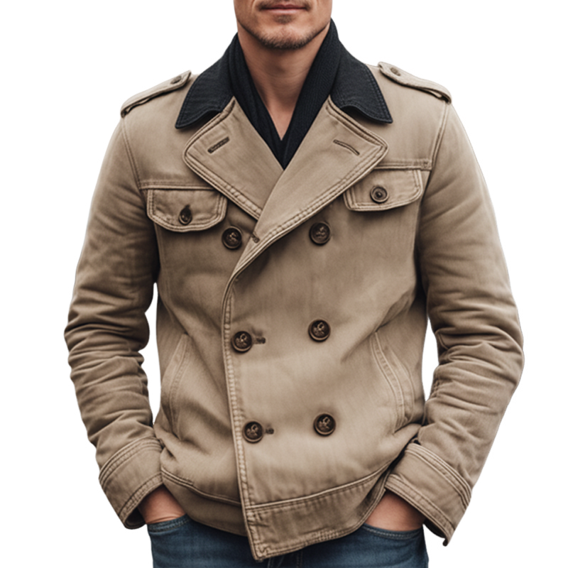 Men's Vintage Double Breasted Colorblock Collar Denim Jacket MTA1694J3U