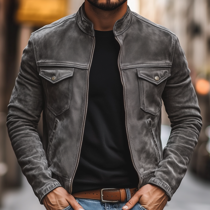 Men's Casual Outdoor Denim Washed Distressed Stand-up Collar Zipper Placket Slim Fit Short Jacket MTA1218H8M