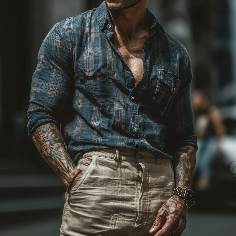 Men's Retro Casual Plaid Lapel Button-Down Long Sleeve Shirt MTZ0523A2TO