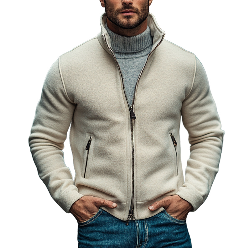 Men's Solid Color Stand Collar Polar Fleece Zipper Jacket MTA2827I3X