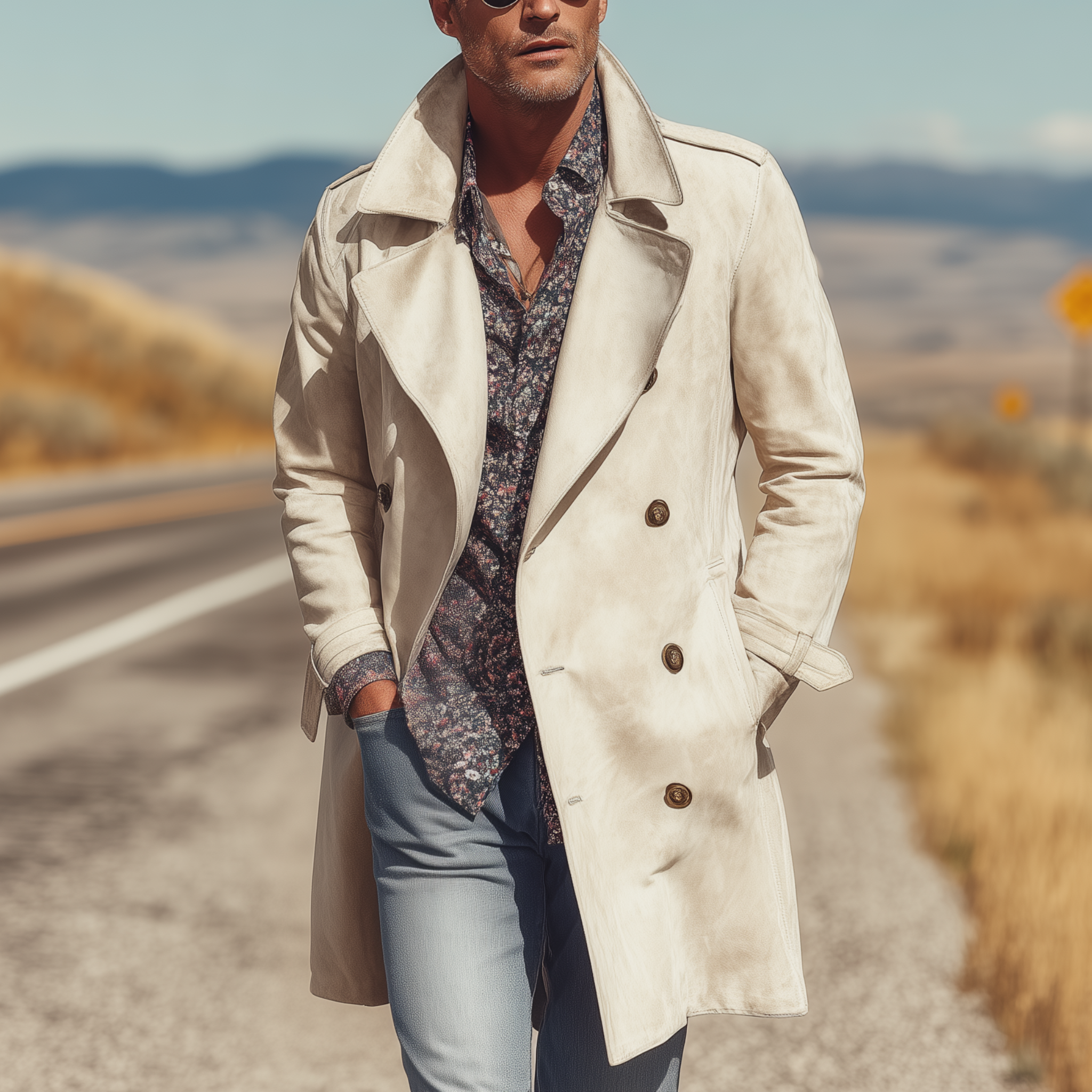 Men's Classic Retro Western Style Double Breasted Lapel Suede Thigh Length Trench Coat MTA1379H5K