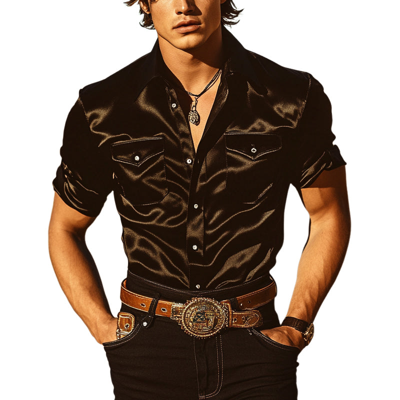 Men's Retro Solid Color Glossy Short Sleeve Lapel Shirt MTA1538E8X