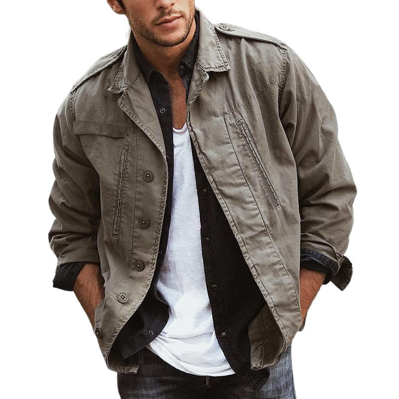 Men's Classic Retro Grey Distressed Cotton Button Jacket MTA0361K7U