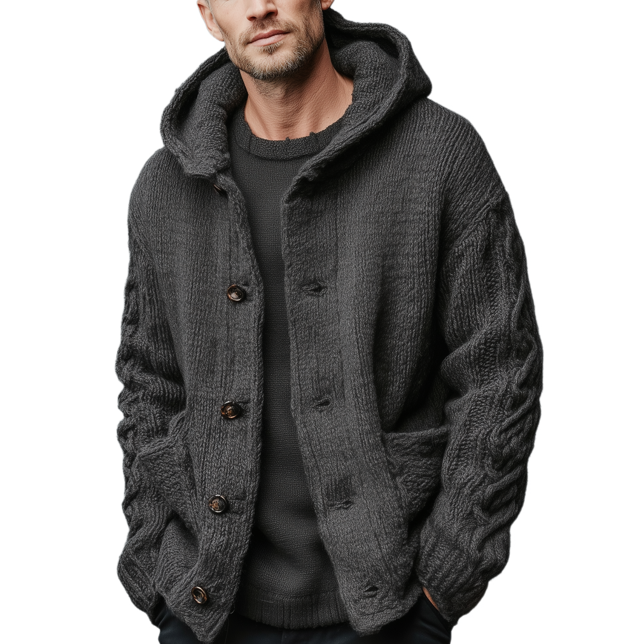 Men's Classic Casual Hooded Pocket Jacquard Knit Cardigan MTA2370I1K