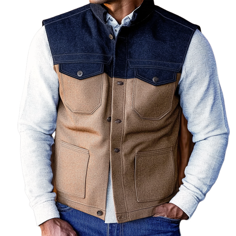 Men's Retro Colorblock Stand Collar Denim Vest MTA2284H0X