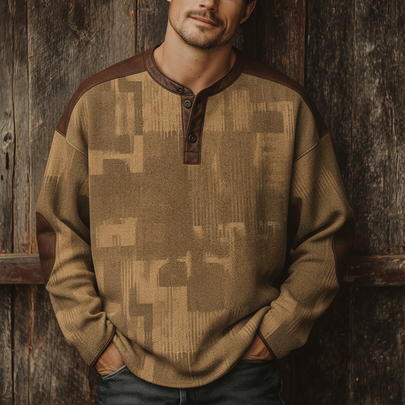 Men's Winter Fashion Polyester-blend PU-paneled Thermal Henley Collar Sweatshirt MTA2661I2P