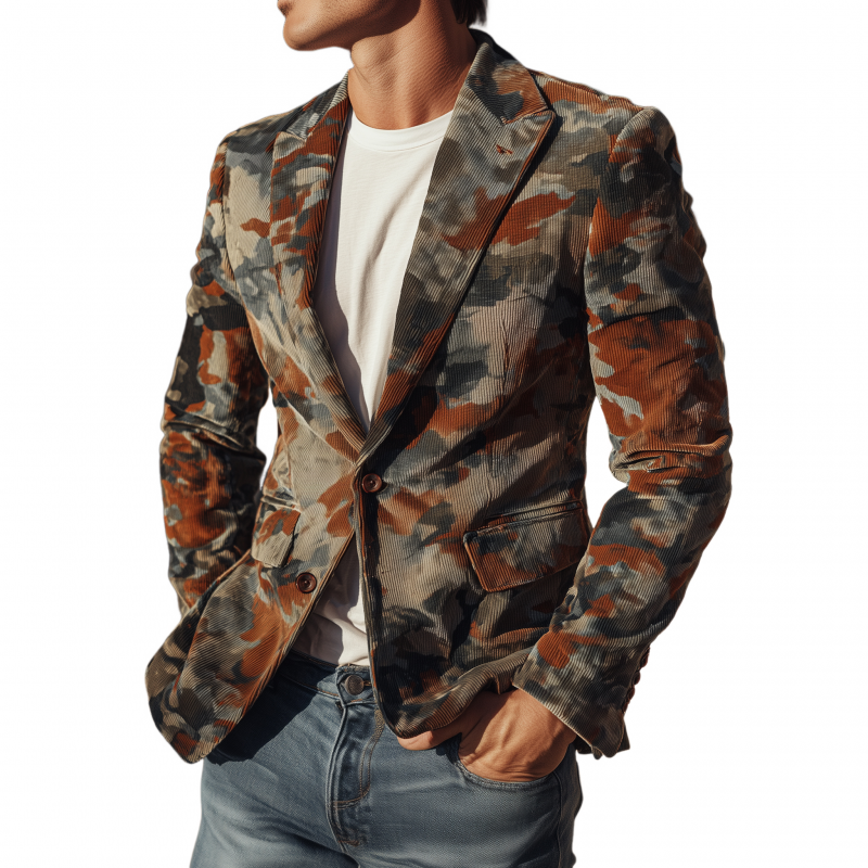 Men's Stylish Vintage Contrast Camouflage Corduroy Peaked Lapel Single-breasted Slim-fit Blazer MTA0733H4M