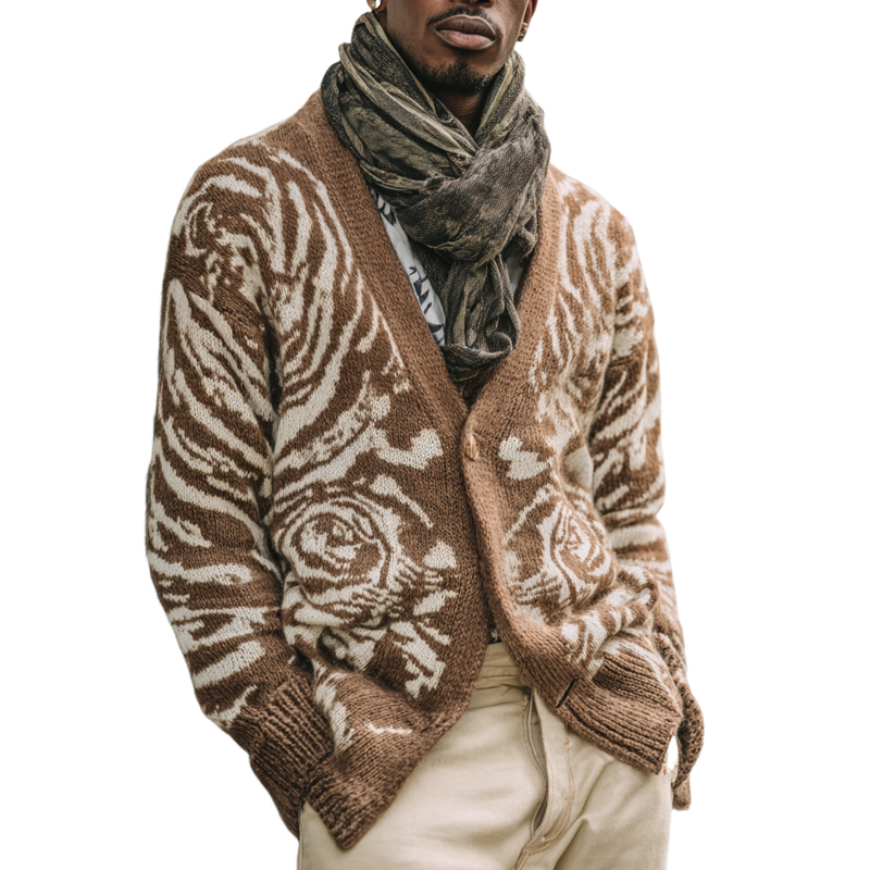 Men's Floral Pattern Knitted V Neck Single Breasted Cardigan MTA1423H4Z