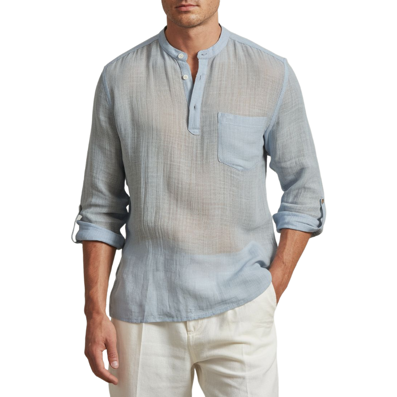 Men's Casual Breathable Lightweight Linen Button-up Stand Collar Patch Pocket Long Sleeve Shirt MTA1520E9M