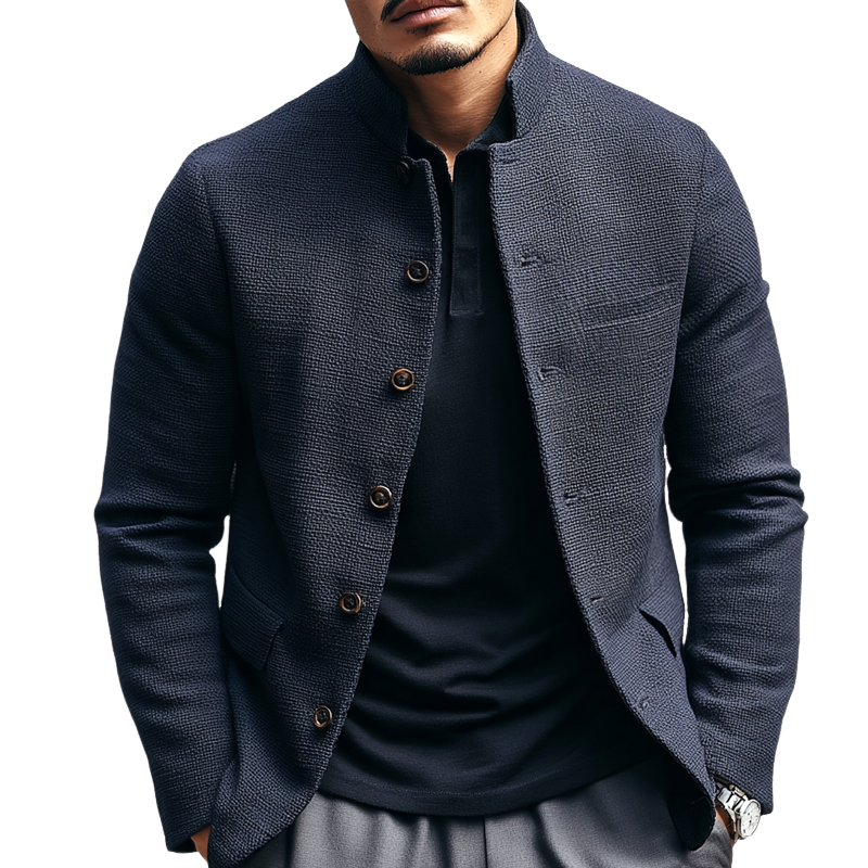 Men's Solid Textured Stand Collar Single Breasted Casual Jacket MTA2852H2Z