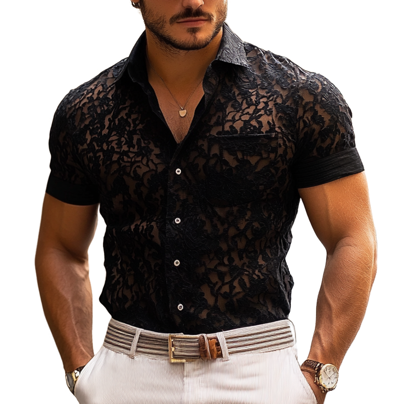 Men's Fashion Lace Lapel Short Sleeve Casual Shirt MTA1216E3Z