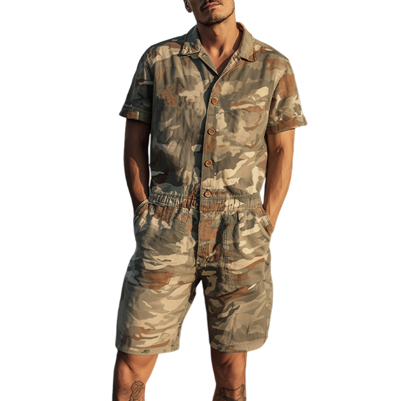 Men's Spring And Summer Fashion Casual Camouflage Cotton Blended Short Sleeve Shirt-style Jumpsuit MTA1007G4K