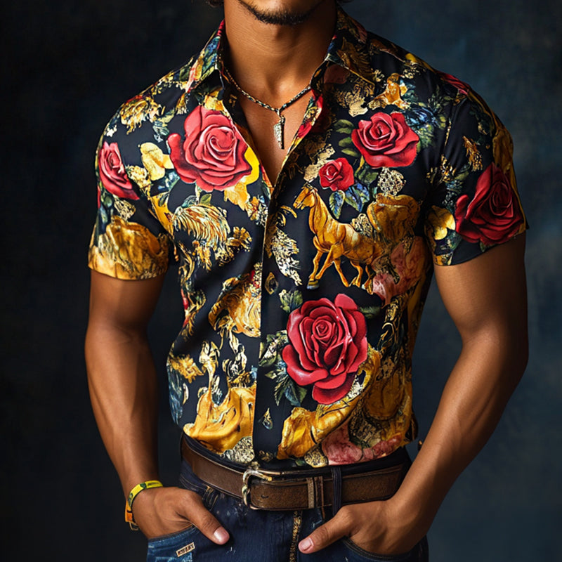 Men's Retro Western Cowboy Style Luxury Rose Print Satin Lapel Short Sleeve Shirt MTA0654E3TO