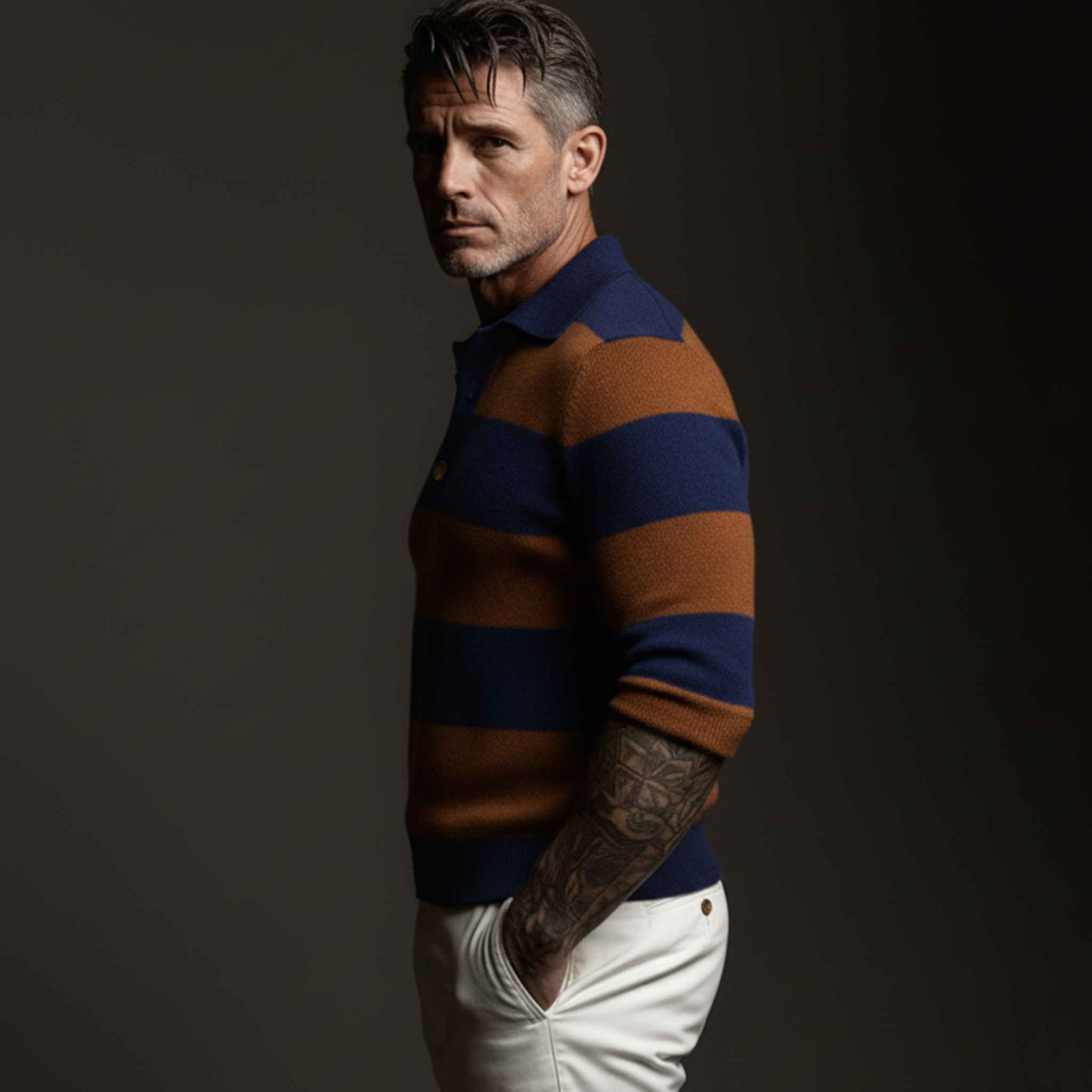 Men's Classic Casual Color-blocked Striped Polo Collar Slim Fit Sweater MTA0752K1K