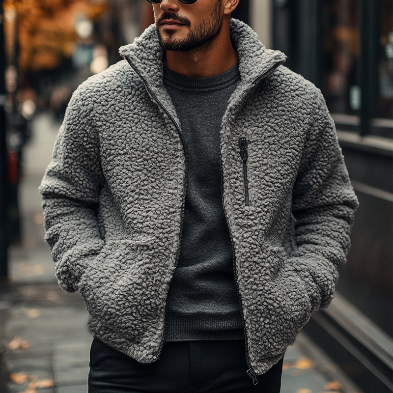 Men's Solid Color Fleece Stand Collar Zip-up Jacket MTA2659K5X