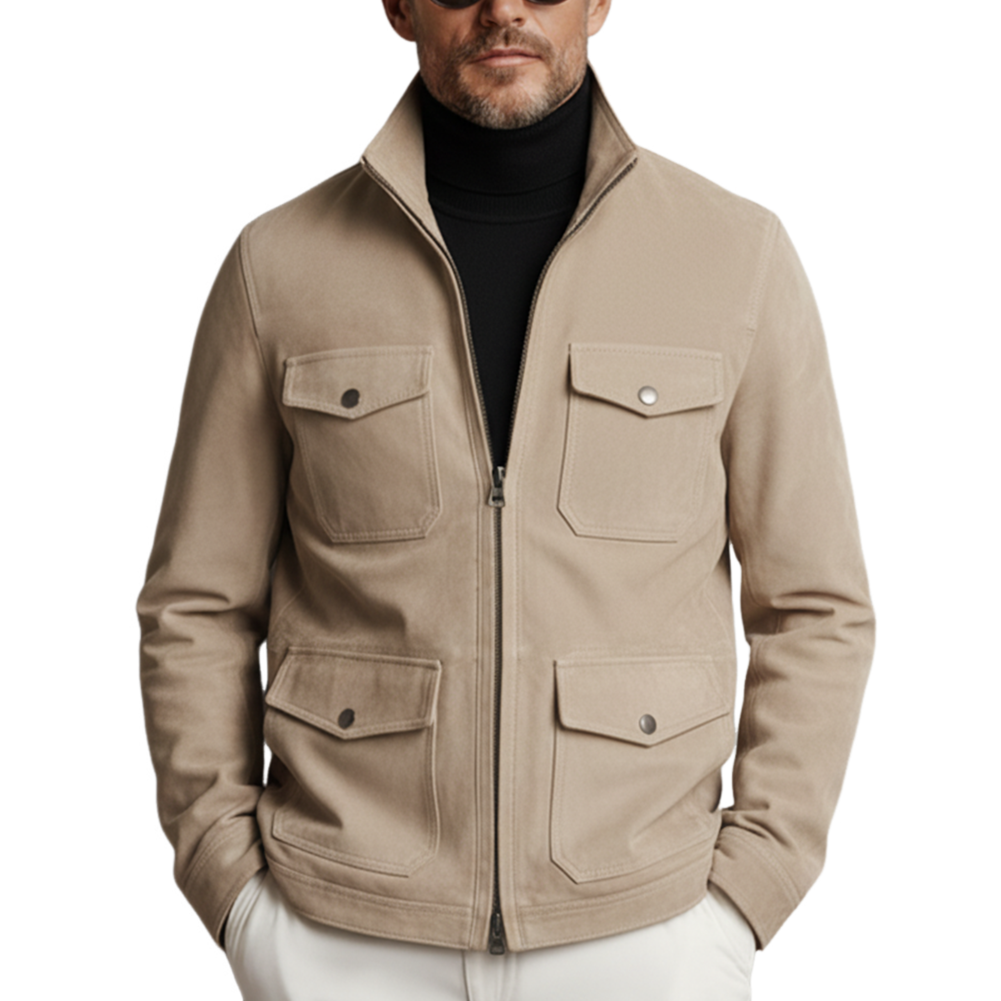 Men's Classic Business Stand-up Collar Multi-pocket Faux Suede Jacket MTA0166K2K