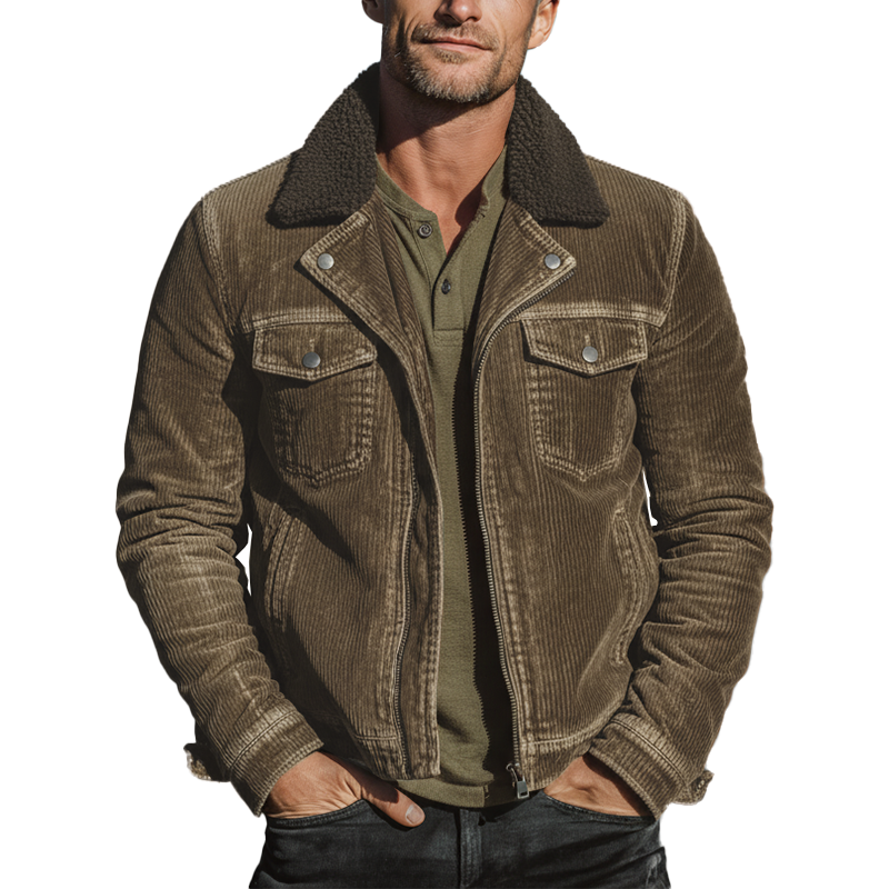 Men's Winter Fashion Washed Corduroy Fleece Detachable Collar Jacket MTA2525I9P
