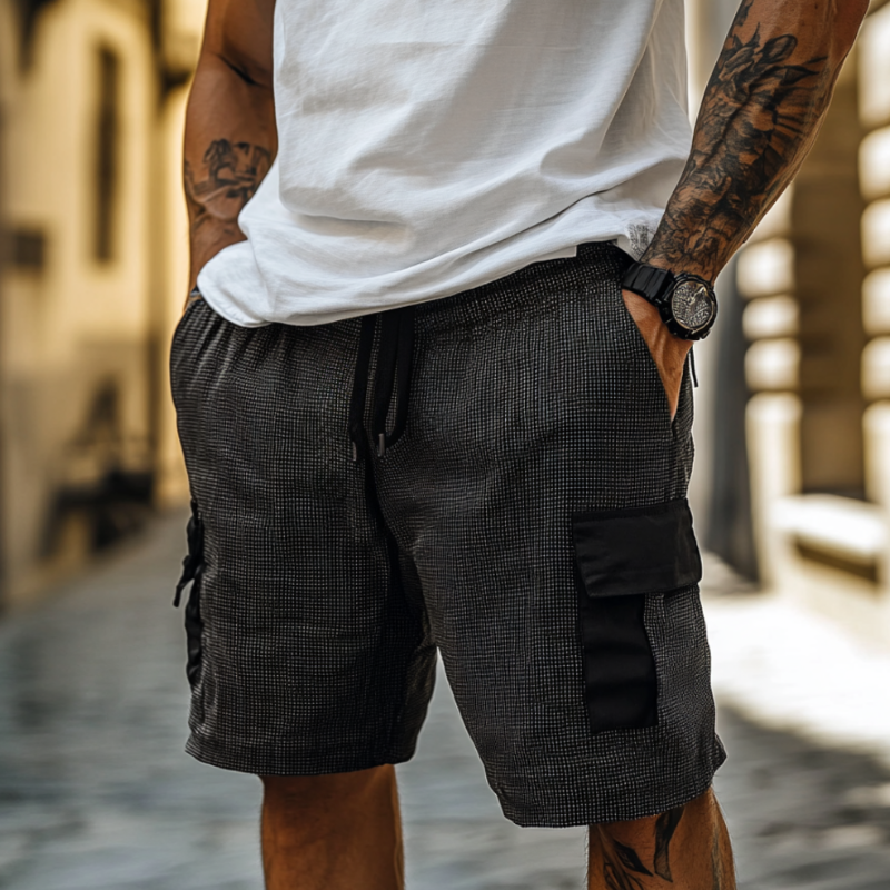 Men's Casual Cotton Blend Houndstooth Patchwork Elastic Waist Drawstring Cargo Shorts MTA3061D7M