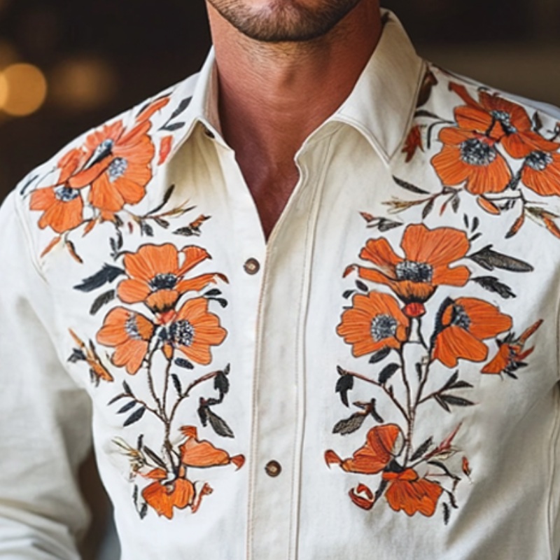 Men's Vintage Embroidered Lapel Long Sleeve Shirt 55928106TO