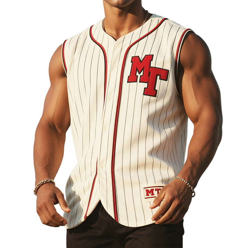 Men's Retro Casual MT Patch Striped Sleeveless Baseball Shirt MTA1931F4TO