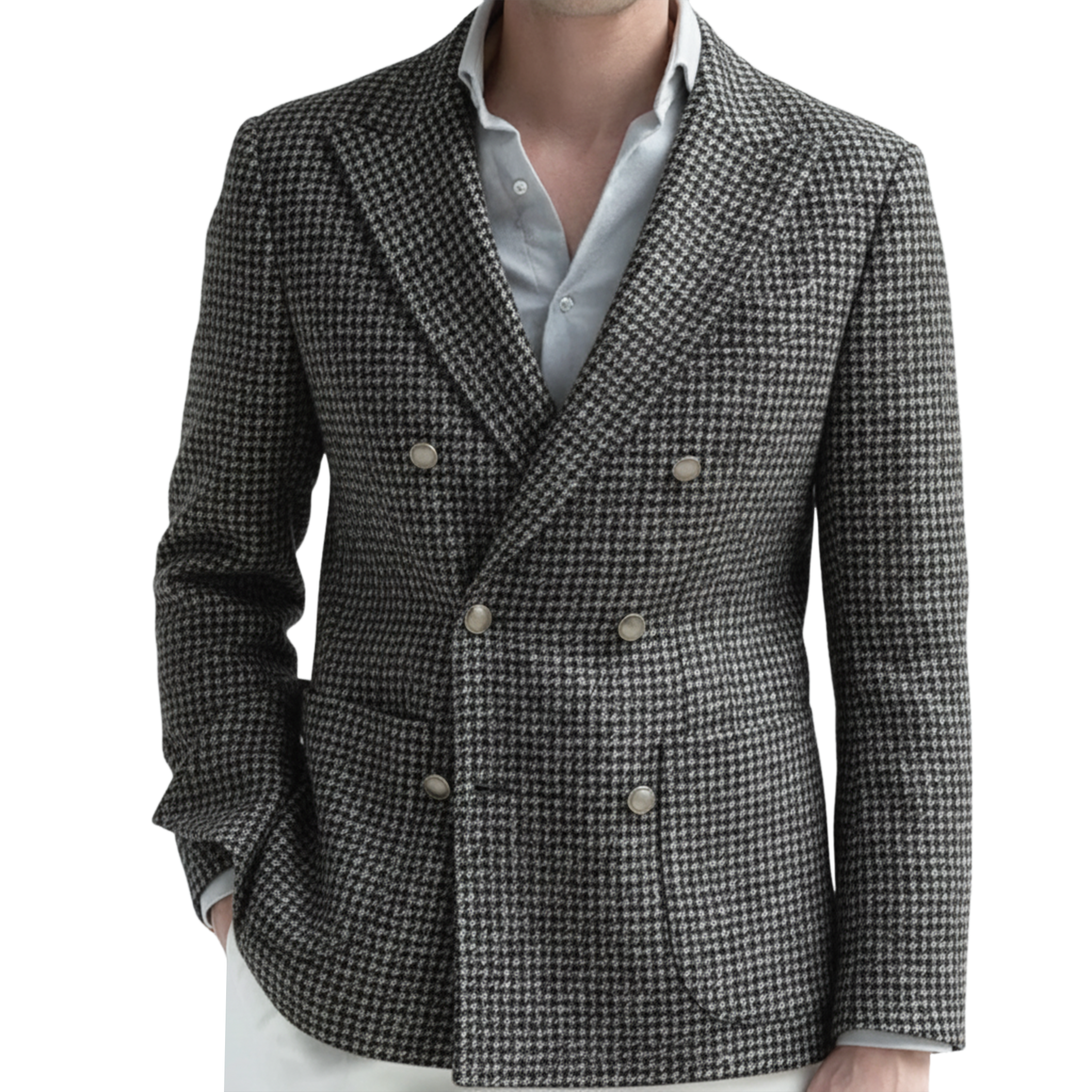 Men's Classic Retro Light Business Faux Small Houndstooth Wool Double-breasted Blazer MTA2584I0K