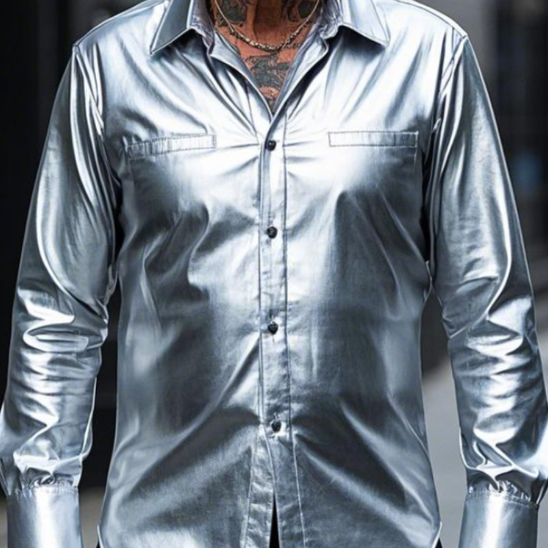 Men's Casual Fashion Lapel Silver Long Sleeve Leather Shirt 02677407F