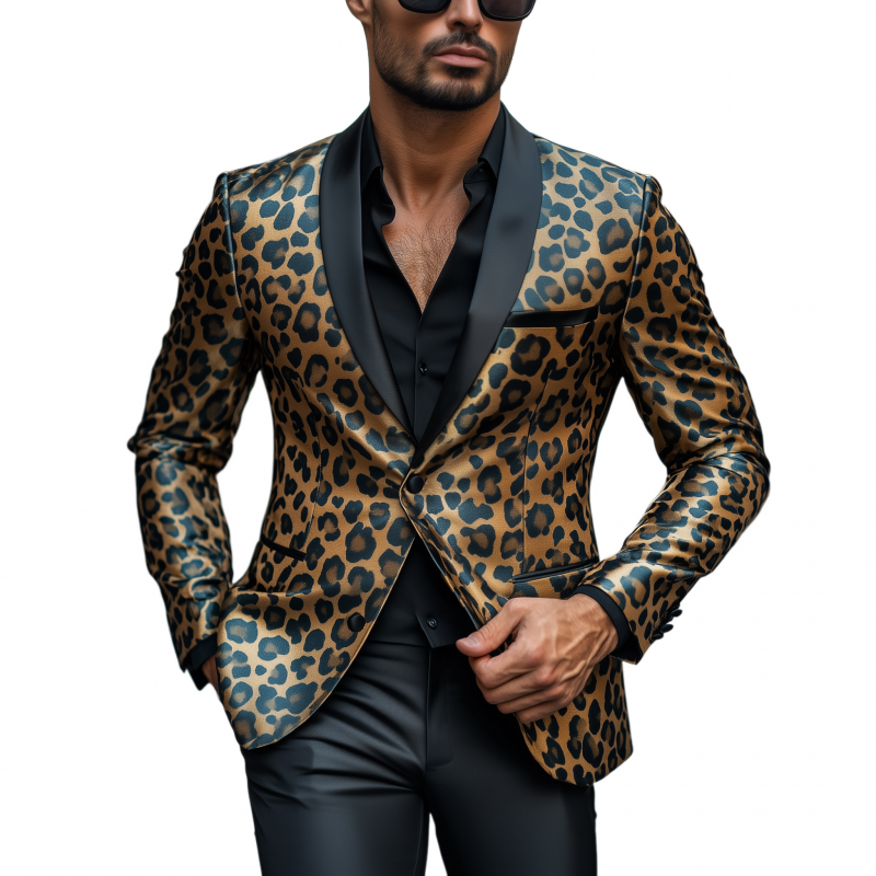 Men's Stylish Colorblock Leopard Print Satin Patchwork Shawl Collar Single-breasted Slim-fit Blazer MTA2802G2M