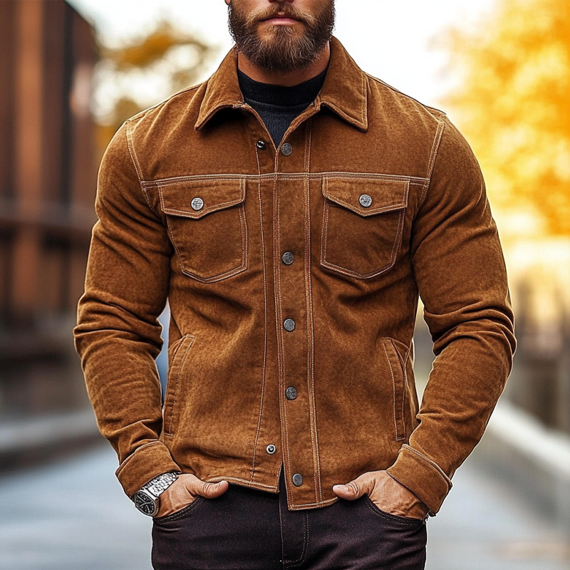 Men's Vintage Solid Color Lapel Single-Breasted Faux Suede Jacket MTA1961H5X