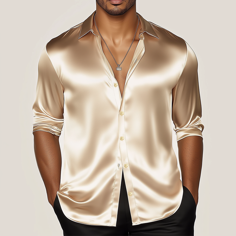 Men's Classic Business Solid Color Satin Long Sleeve Shirt MTA1977G9U