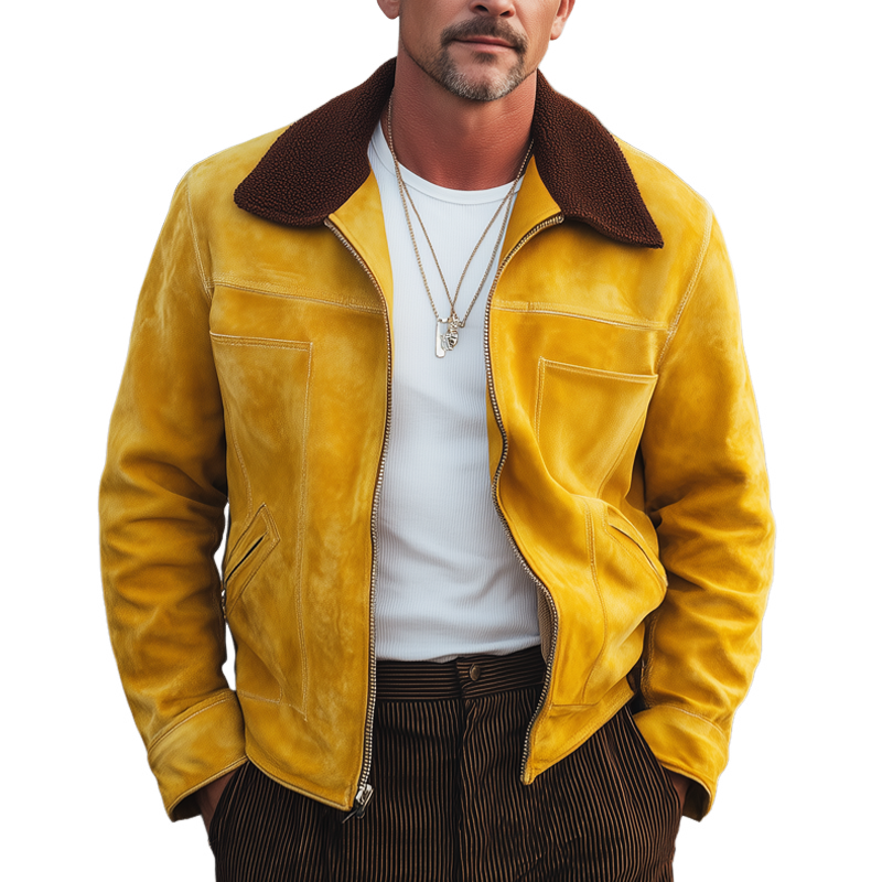 Men's Vintage Suede And Polar Fleece Collar Zip-Up Jacket MTA1262H8U