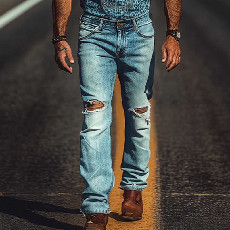 Men's Spring And Summer Fashion Personality Retro Western Cowboy Style Washed Denim Stitching Denim Leopard Print Knee Hole Overalls MTA1365E7K