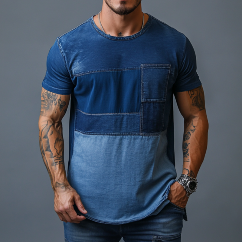 Men's Casual Washed Distressed Colorblock Patchwork Round Neck Loose Denim Short-sleeved T-shirt MTA1538E8M