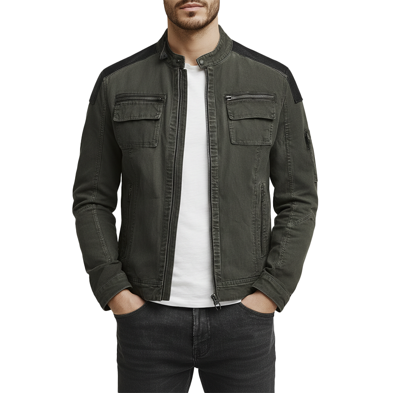 Men's Winter Vintage Washed Denim PU Patch Bomber Jacket MTA2071J5P