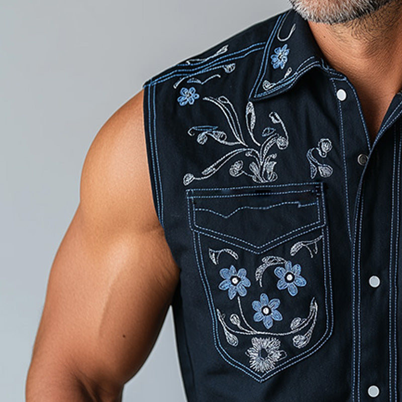 Men's Summer Western Cowboy Style Embroidered Cotton Blended Sleeveless Shirt MTA1480E0P