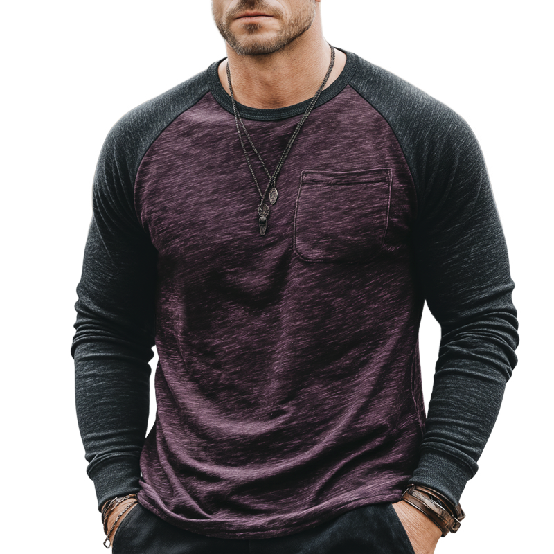 Men's Urban Color-block Crew Neck Cotton Blend Stretch Long-sleeved T-shirt MTZ0612A8U