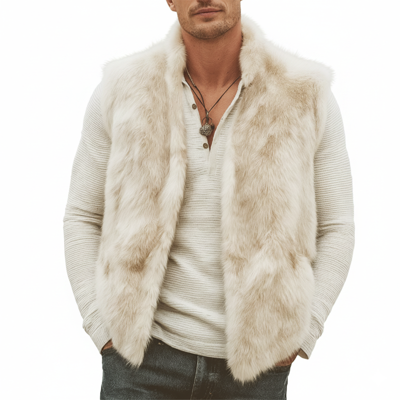 Men's Cream Beige Stand Collar Zipper Plush Faux Fur Luxury Vest MTA0740K4U